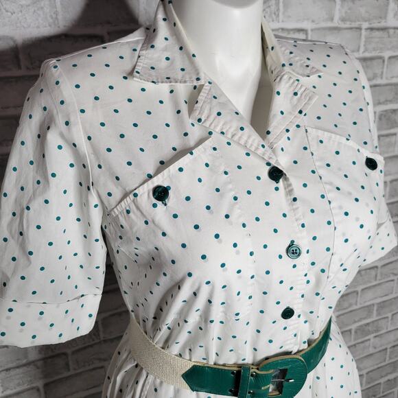 80s White & Teal Polka Dot Shirt Dress, size 10 - Picture 3 of 7